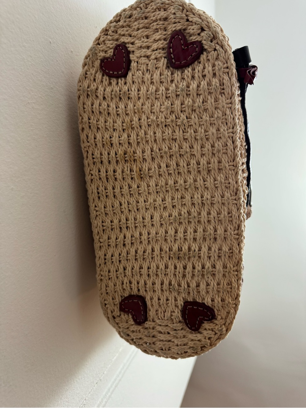 BRIGHTON Beverly Straw Floral Handbag/Tote Deep Red Leather Bag Heart Detail - Picture 5 of 10